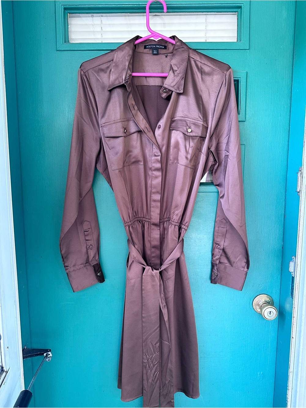 Boston Proper Chocolate Brown Satin Shirt Dress